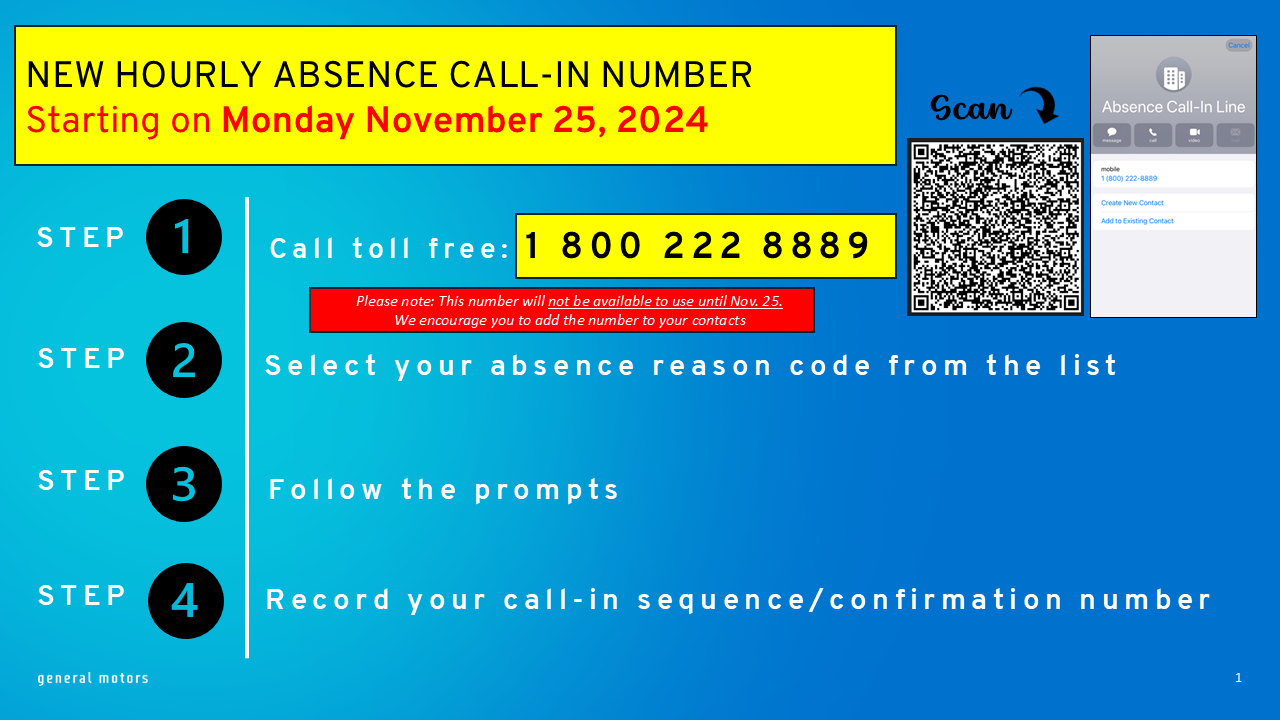 New Hourly Absence Call-In Number